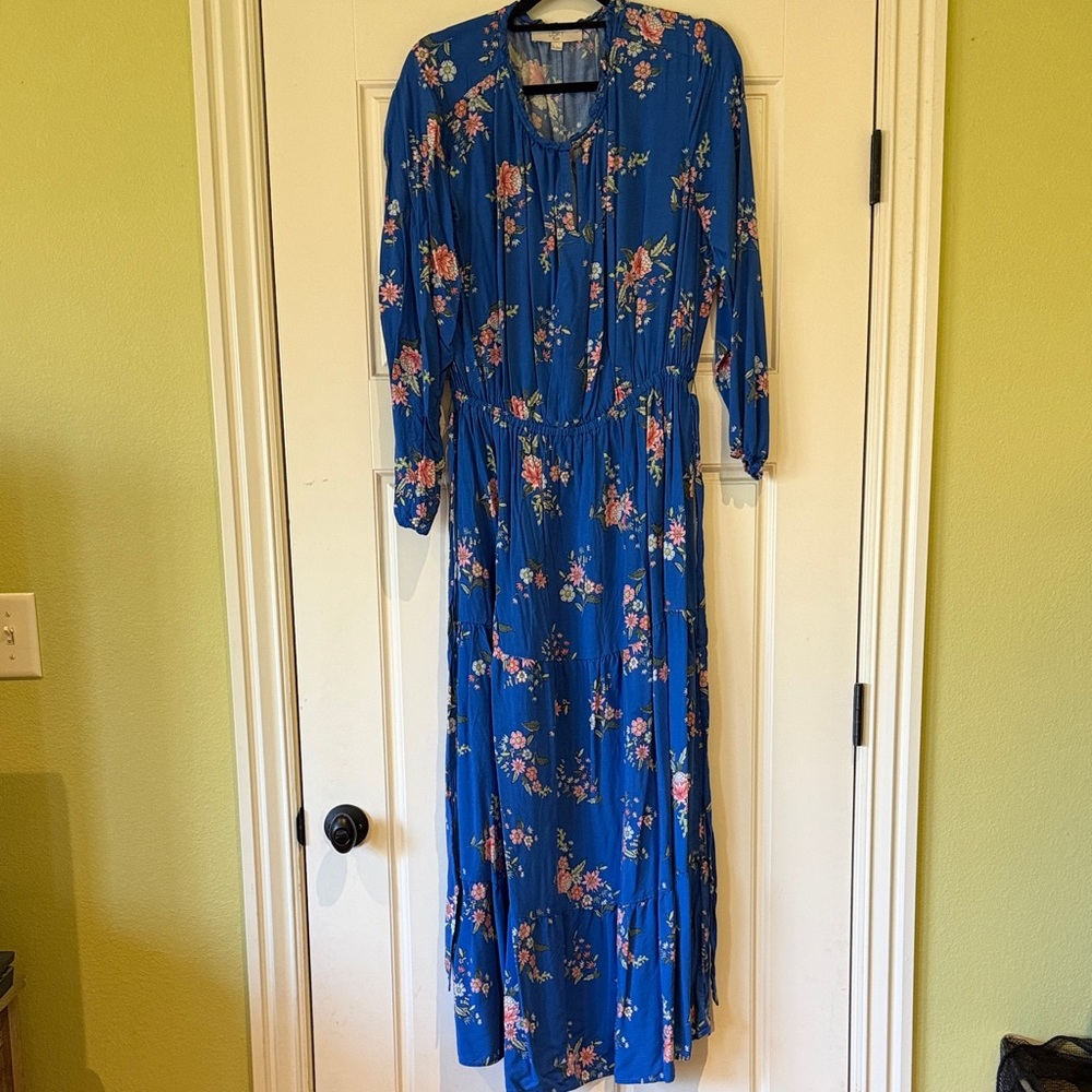 LOFT Vibrant Blue Floral Long Sleeve Dress